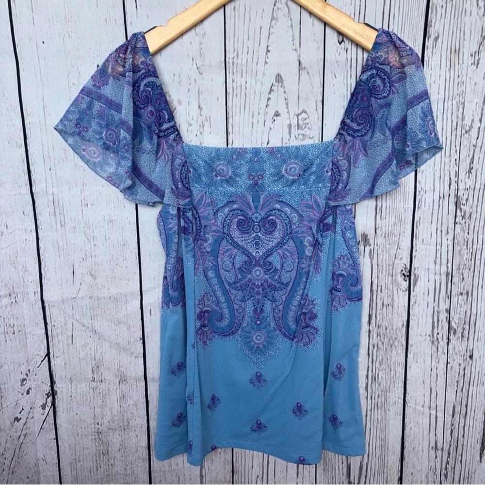 INC Blue/Purple Paisley Flutter Sleeve Blouse Size Large EXCELLENT CONDITION!